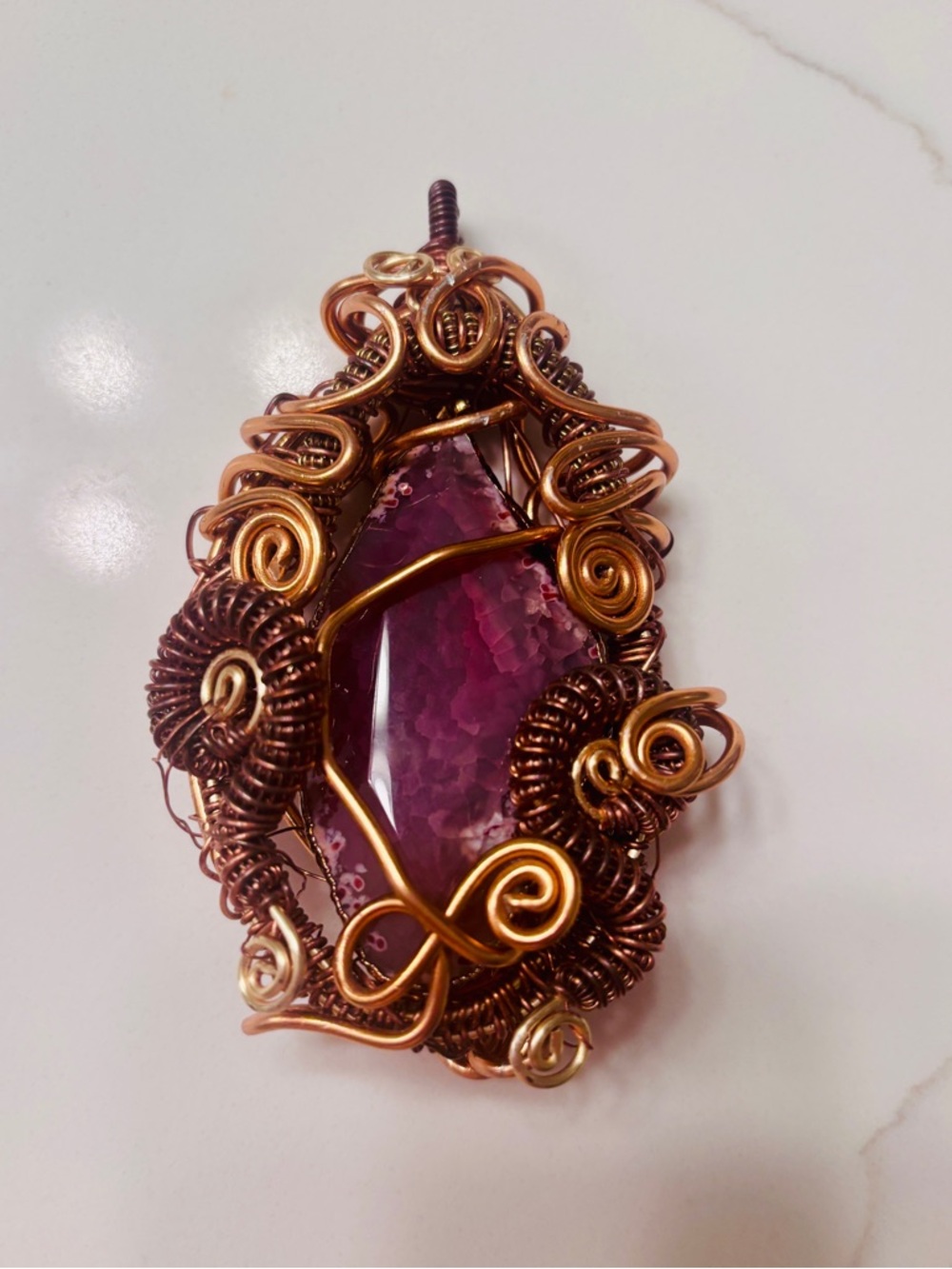 Handcrafted Copper Wire-Wrapped Purple Agate Stone Pendant